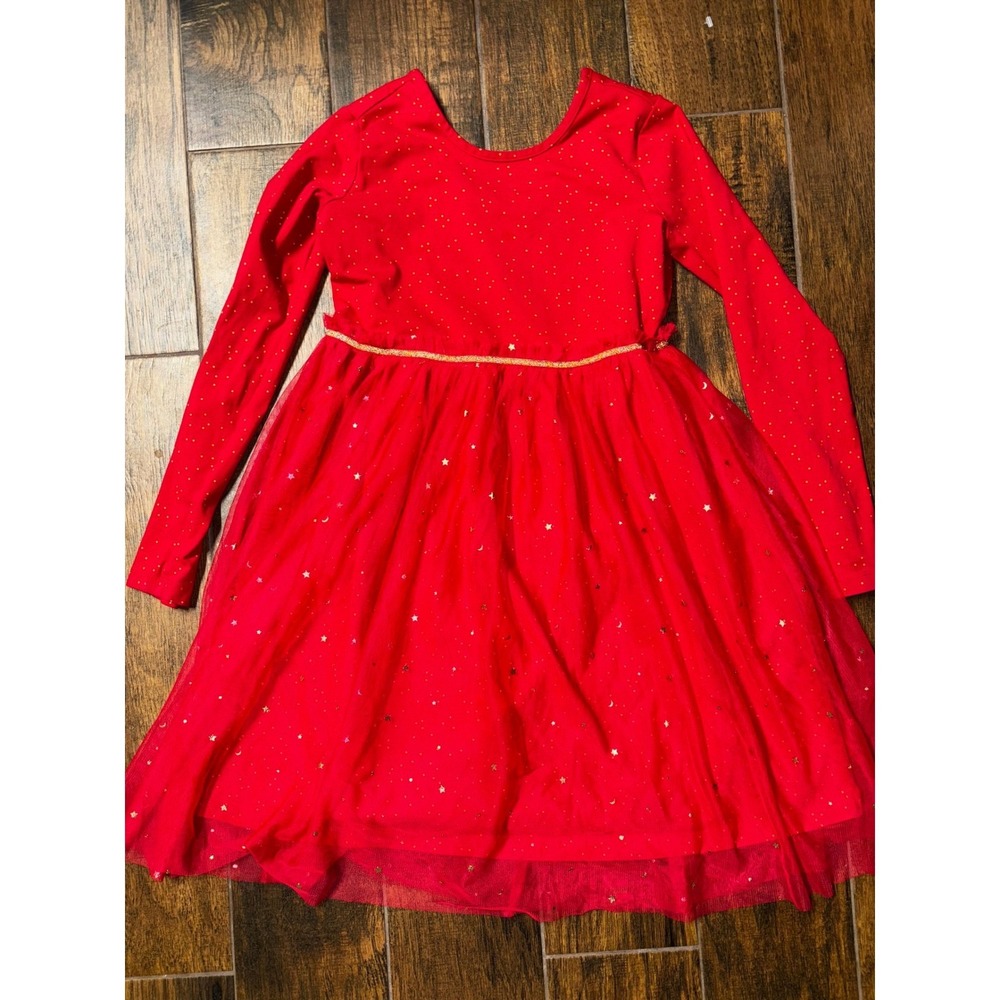 Hanna Andersson Super Soft Shimmer Tulle‎ Skater Dress Red Gold Stars Moon 12